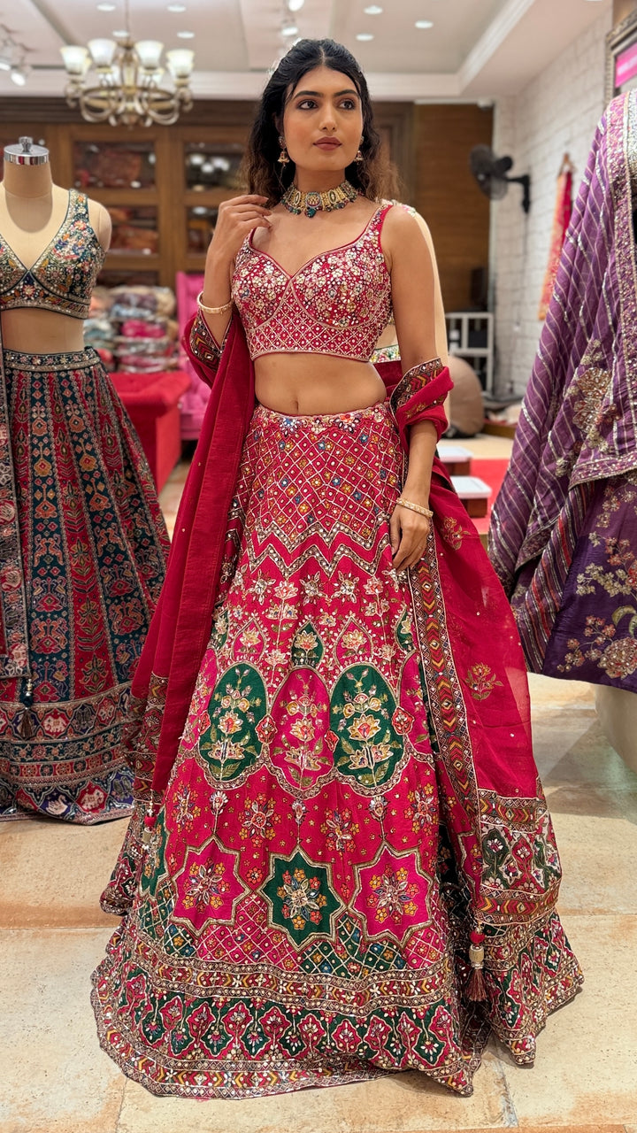 Rani Pink Multicolour Patola Inspired Bridal Lehenga Set with Dupatta