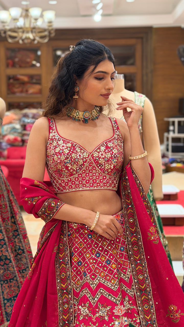Rani Pink Multicolour Patola Inspired Bridal Lehenga Set with Dupatta