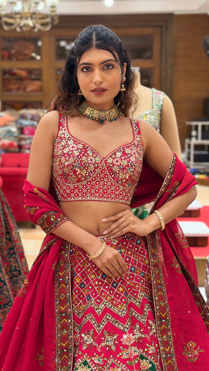 Rani Pink Multicolour Patola Inspired Bridal Lehenga Set with Dupatta