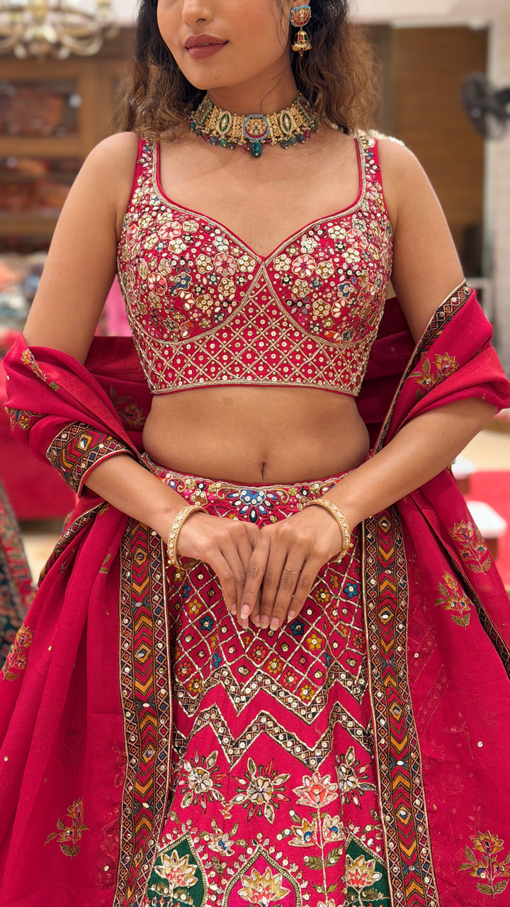 Rani Pink Multicolour Patola Inspired Bridal Lehenga Set with Dupatta