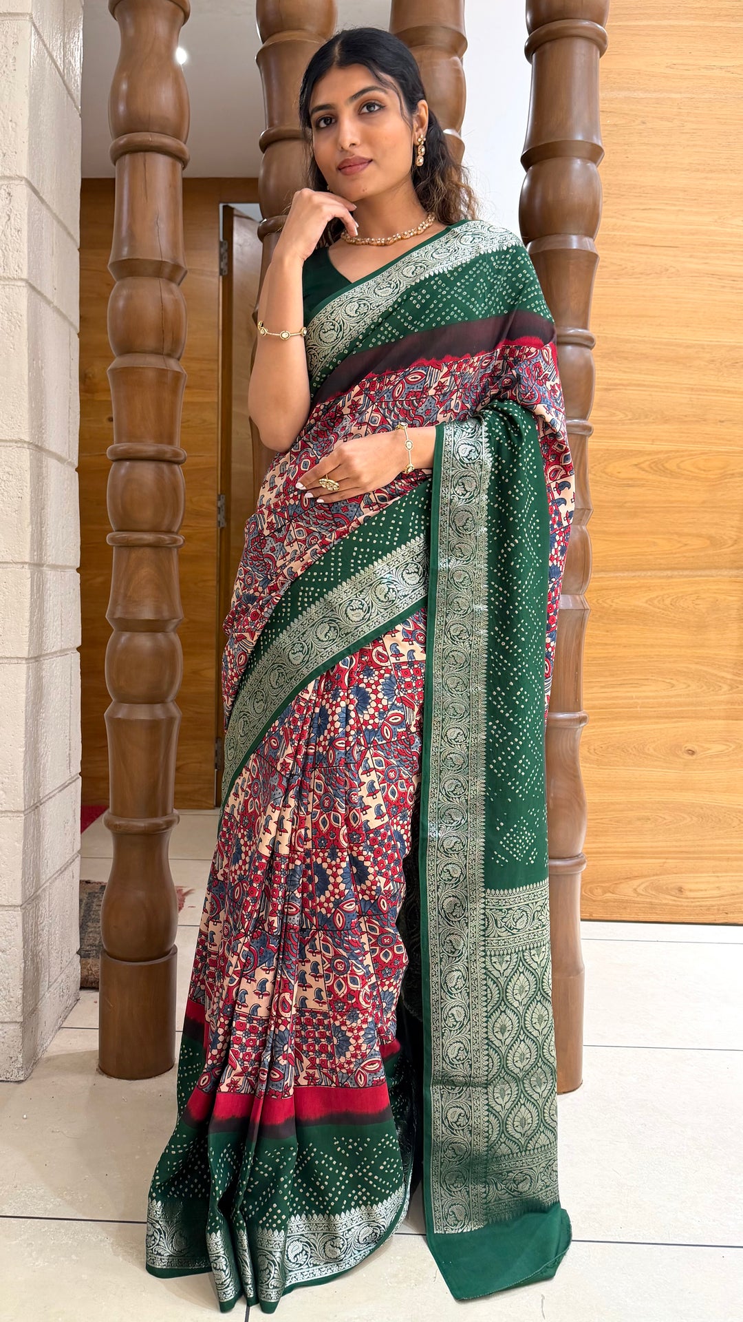 Bottle Green Printed Saree with Silver Zari Border
