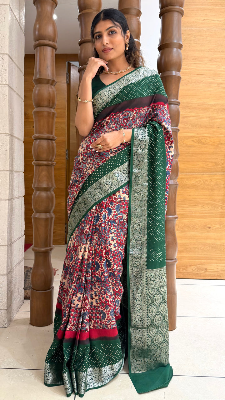 Bottle Green Printed Saree with Silver Zari Border