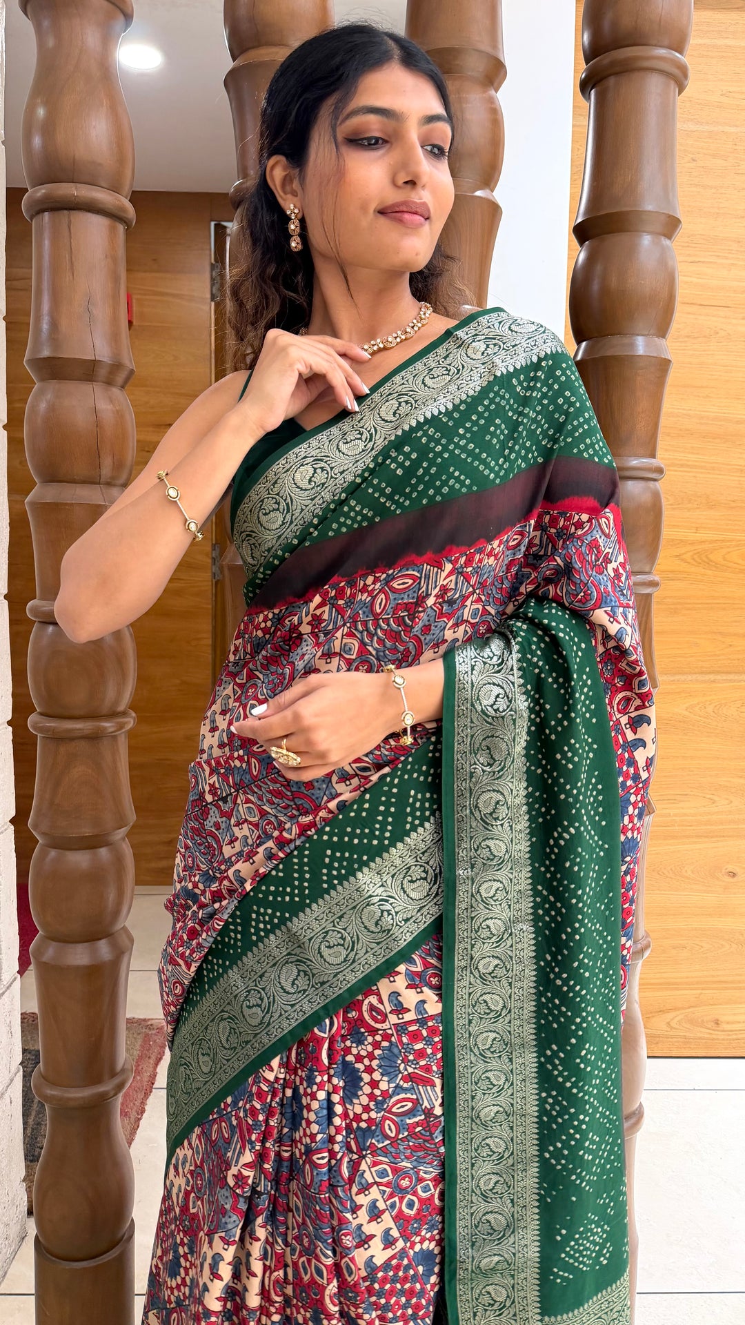 Bottle Green Printed Saree with Silver Zari Border