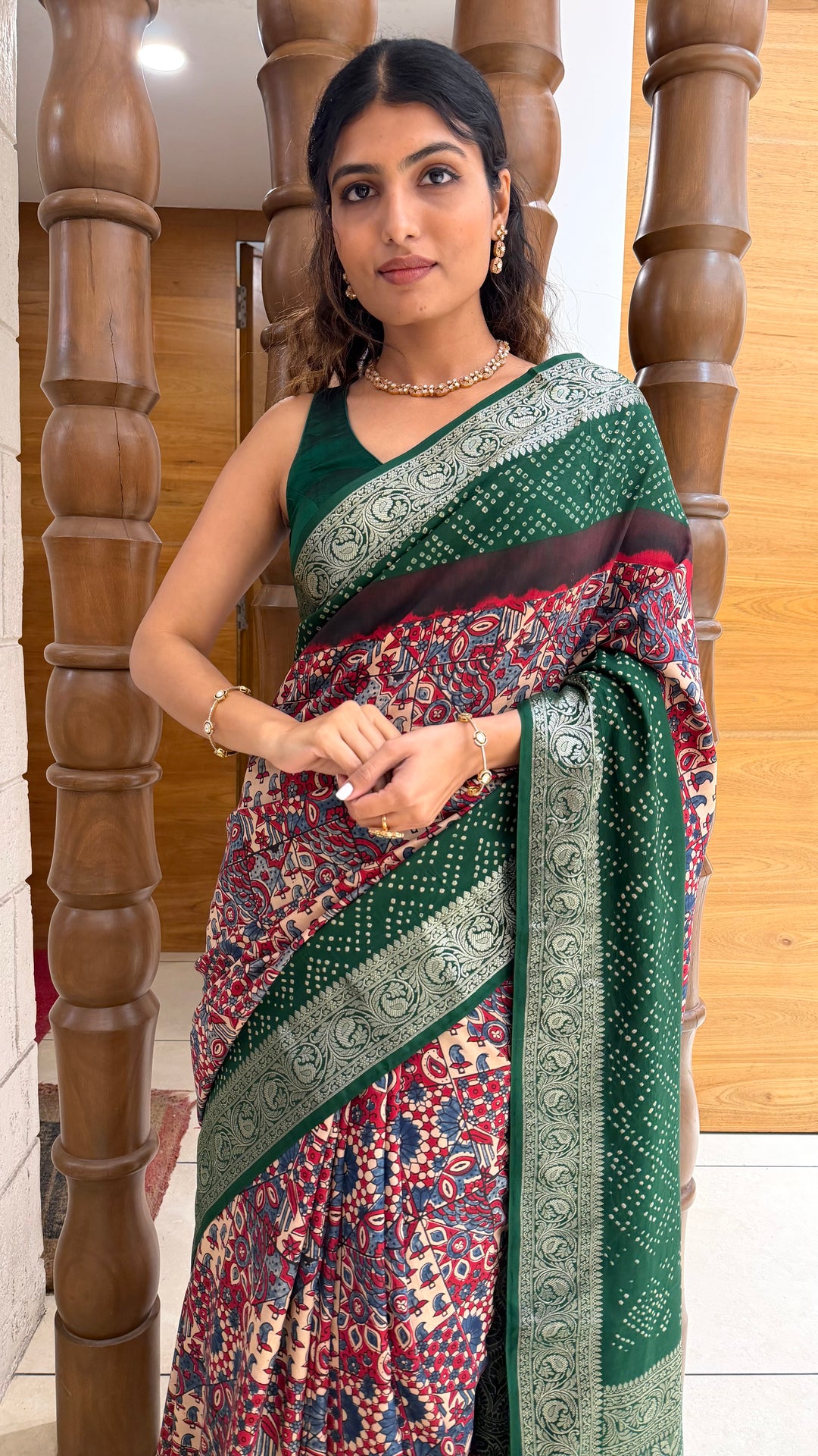 Bottle Green Printed Saree with Silver Zari Border