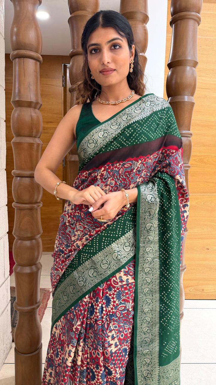 Bottle Green Printed Saree with Silver Zari Border