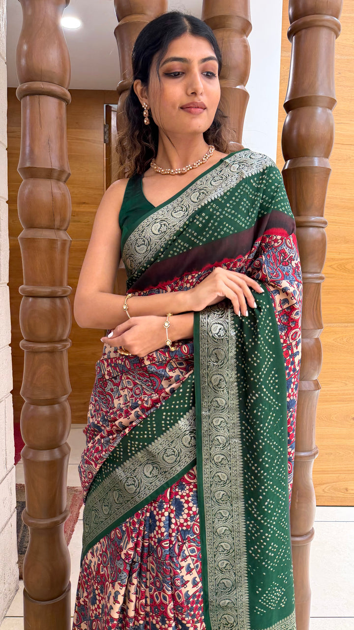Bottle Green Printed Saree with Silver Zari Border