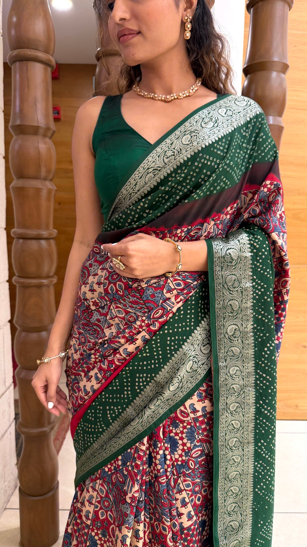 Bottle Green Printed Saree with Silver Zari Border