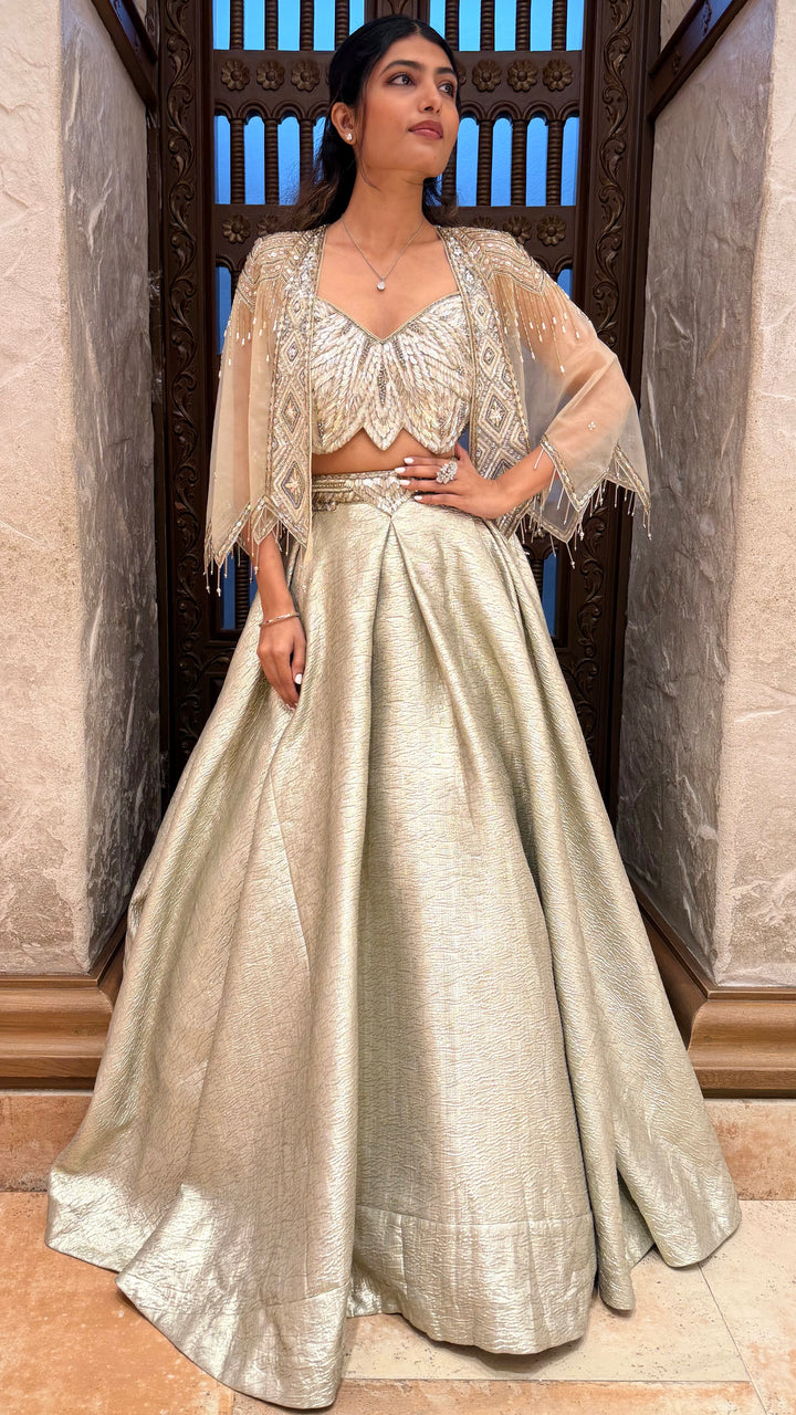 Champagne Gold Embroidered Lehenga Set with Jacket