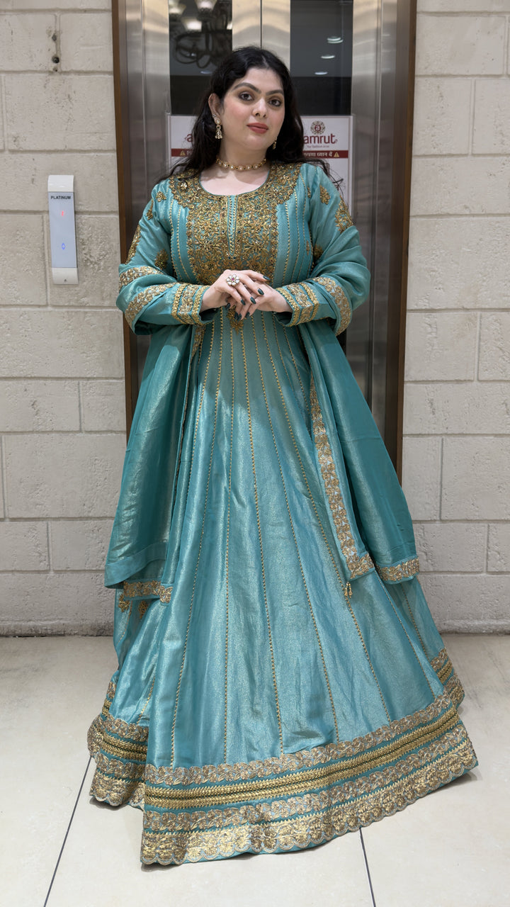 Sky Blue Embroidered Anarkali Suit Set with Dupatta