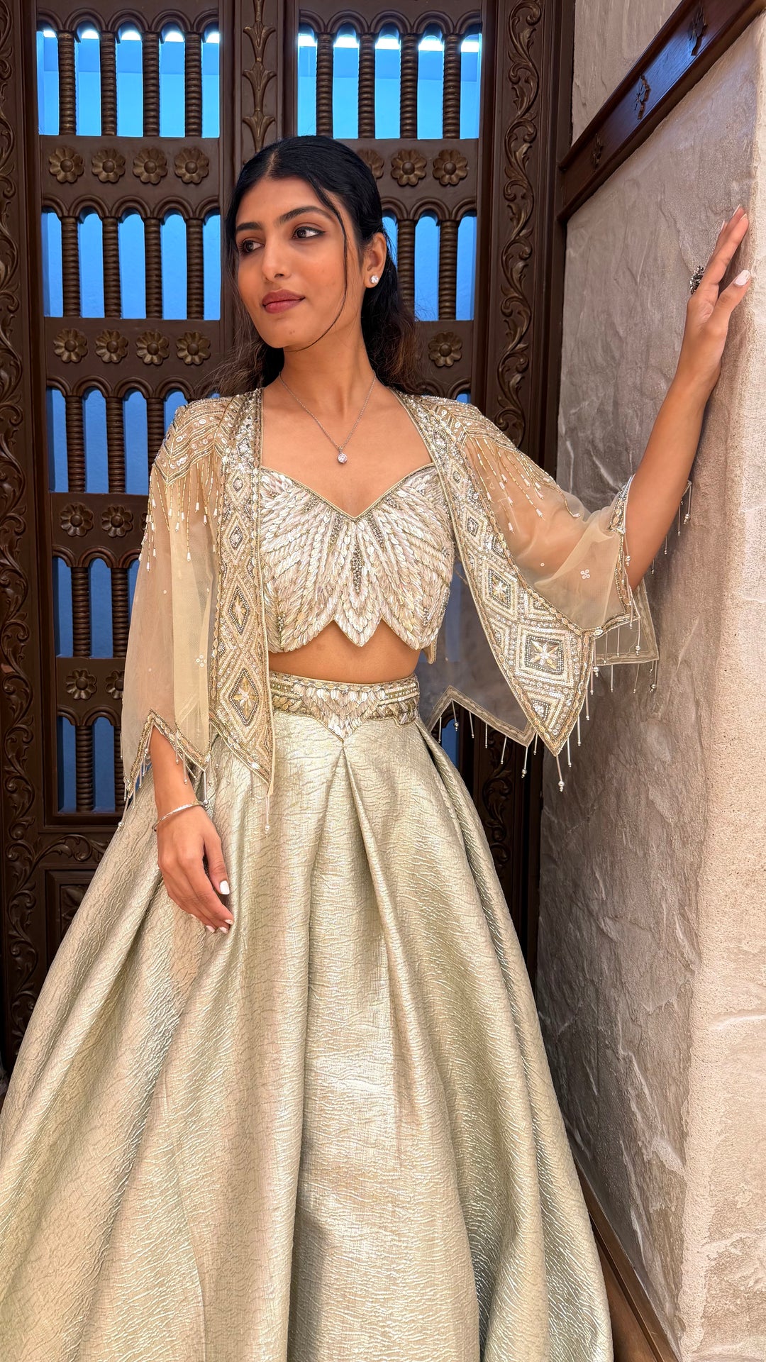 Champagne Gold Embroidered Lehenga Set with Jacket