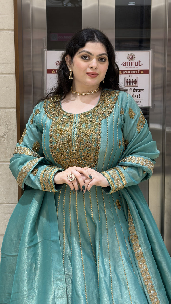 Sky Blue Embroidered Anarkali Suit Set with Dupatta