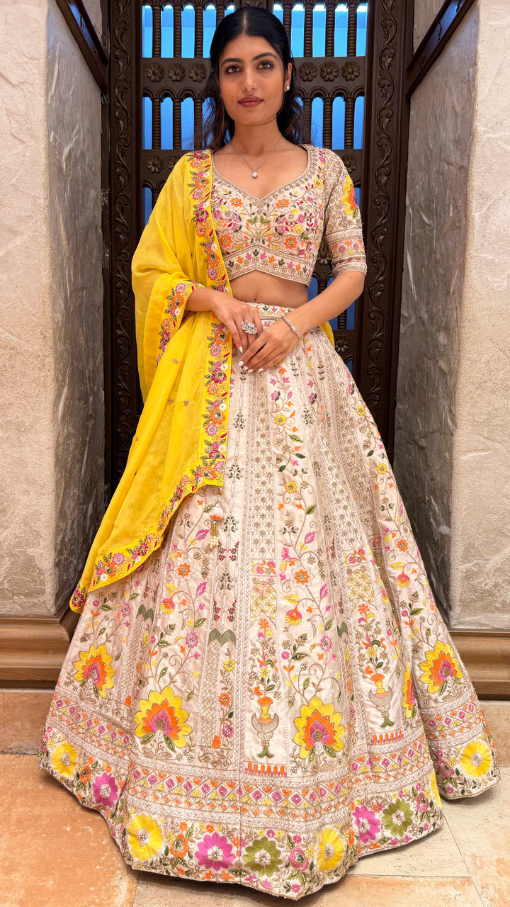 Ivory Floral Embroidered Lehenga Set with Yellow Dupatta