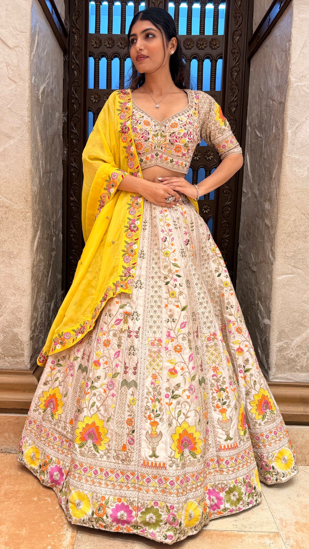 Ivory Floral Embroidered Lehenga Set with Yellow Dupatta