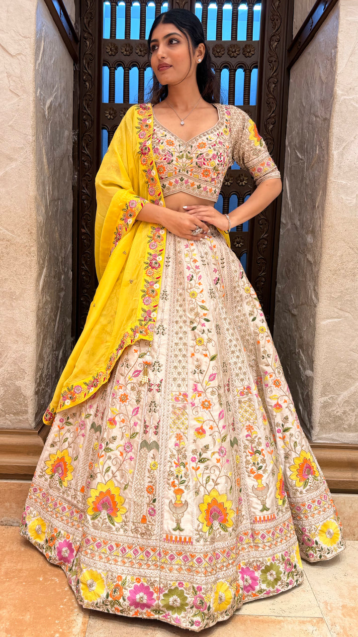 Ivory Floral Embroidered Lehenga Set with Yellow Dupatta