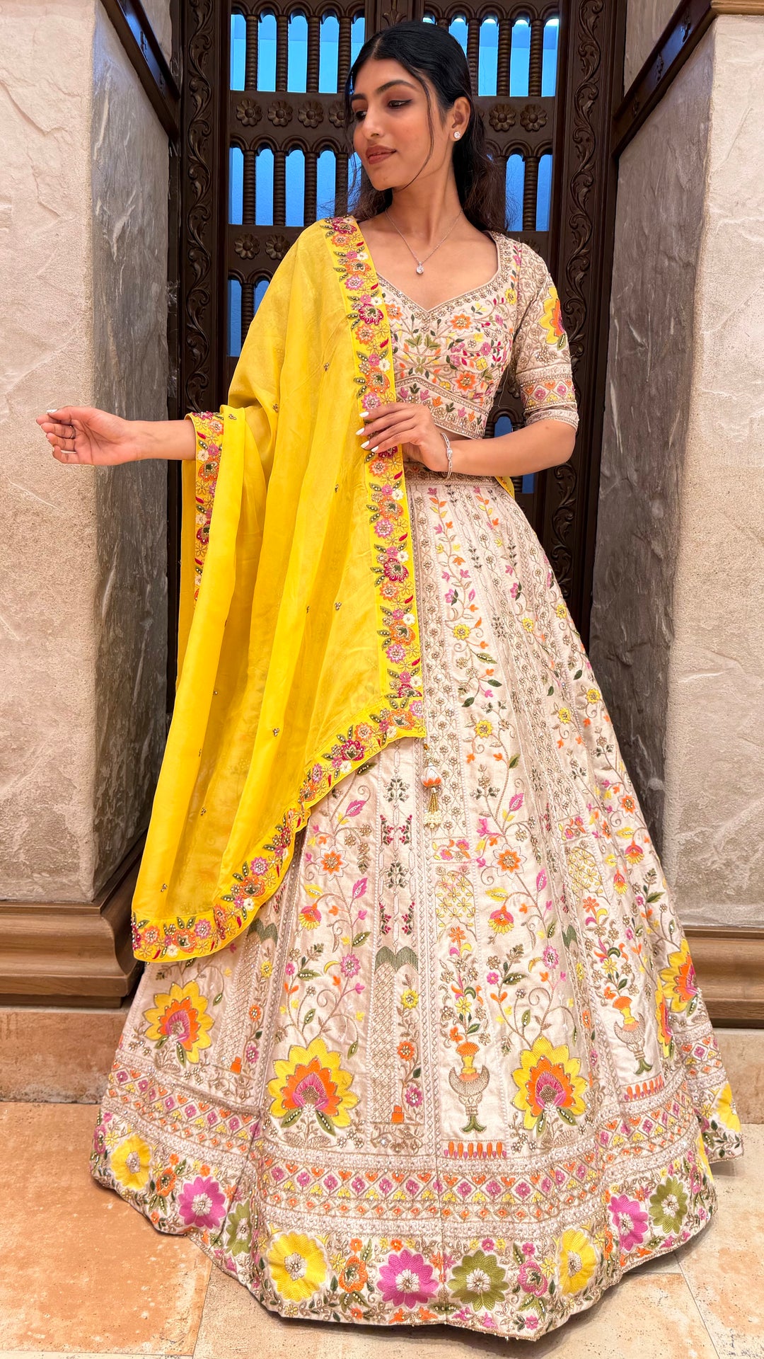Ivory Floral Embroidered Lehenga Set with Yellow Dupatta