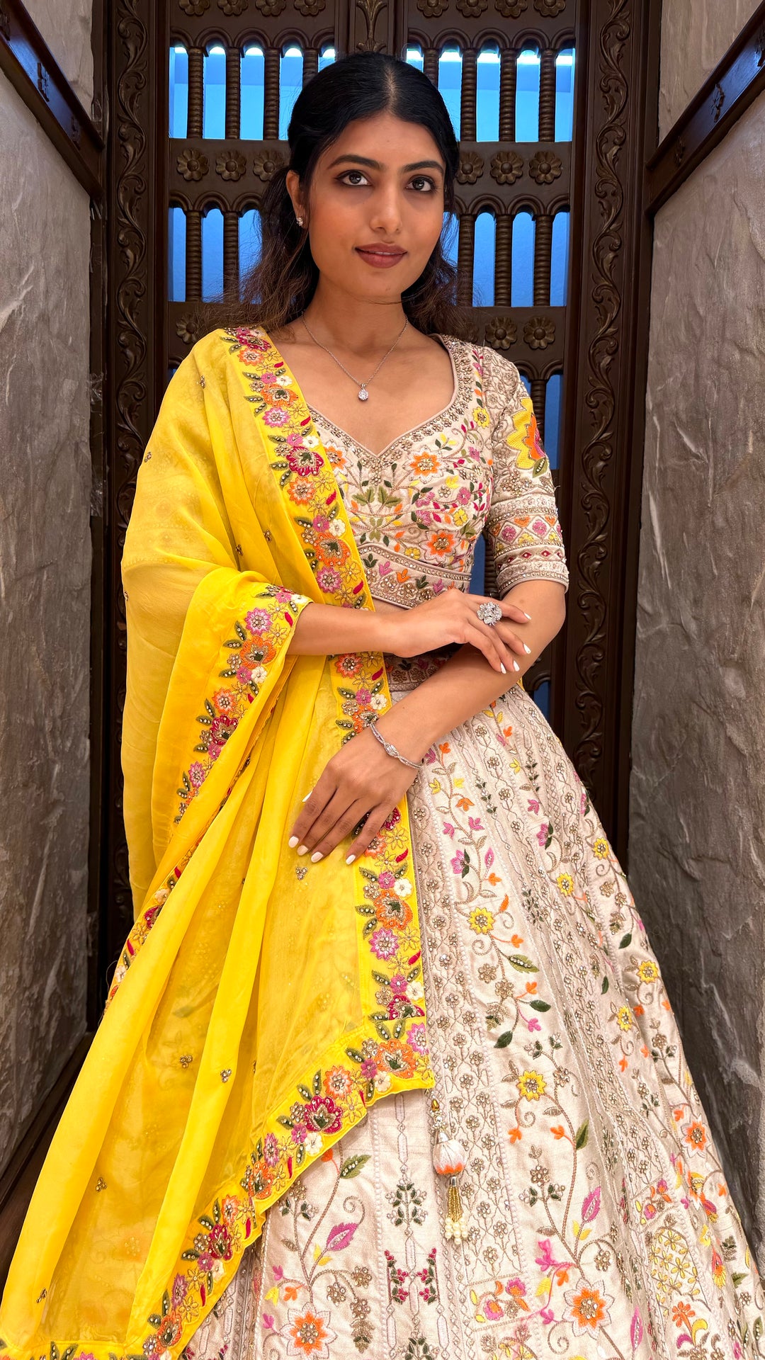 Ivory Floral Embroidered Lehenga Set with Yellow Dupatta