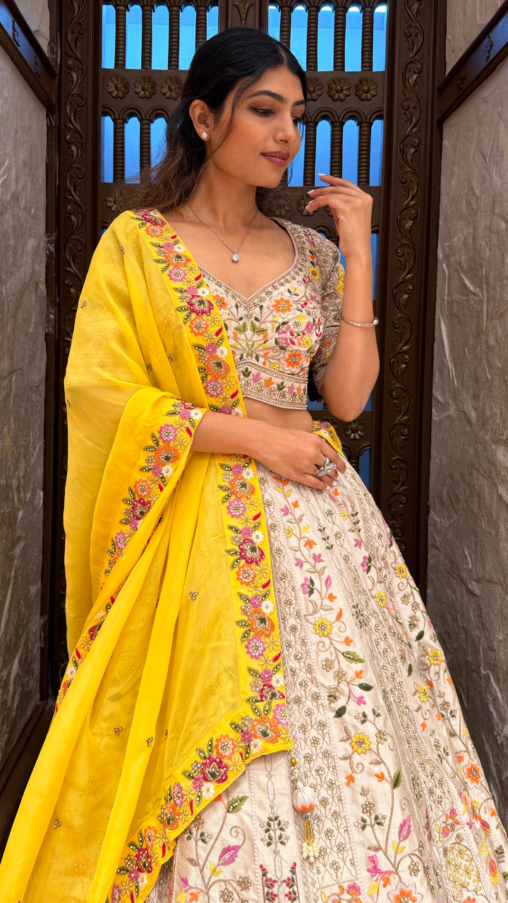 Ivory Floral Embroidered Lehenga Set with Yellow Dupatta