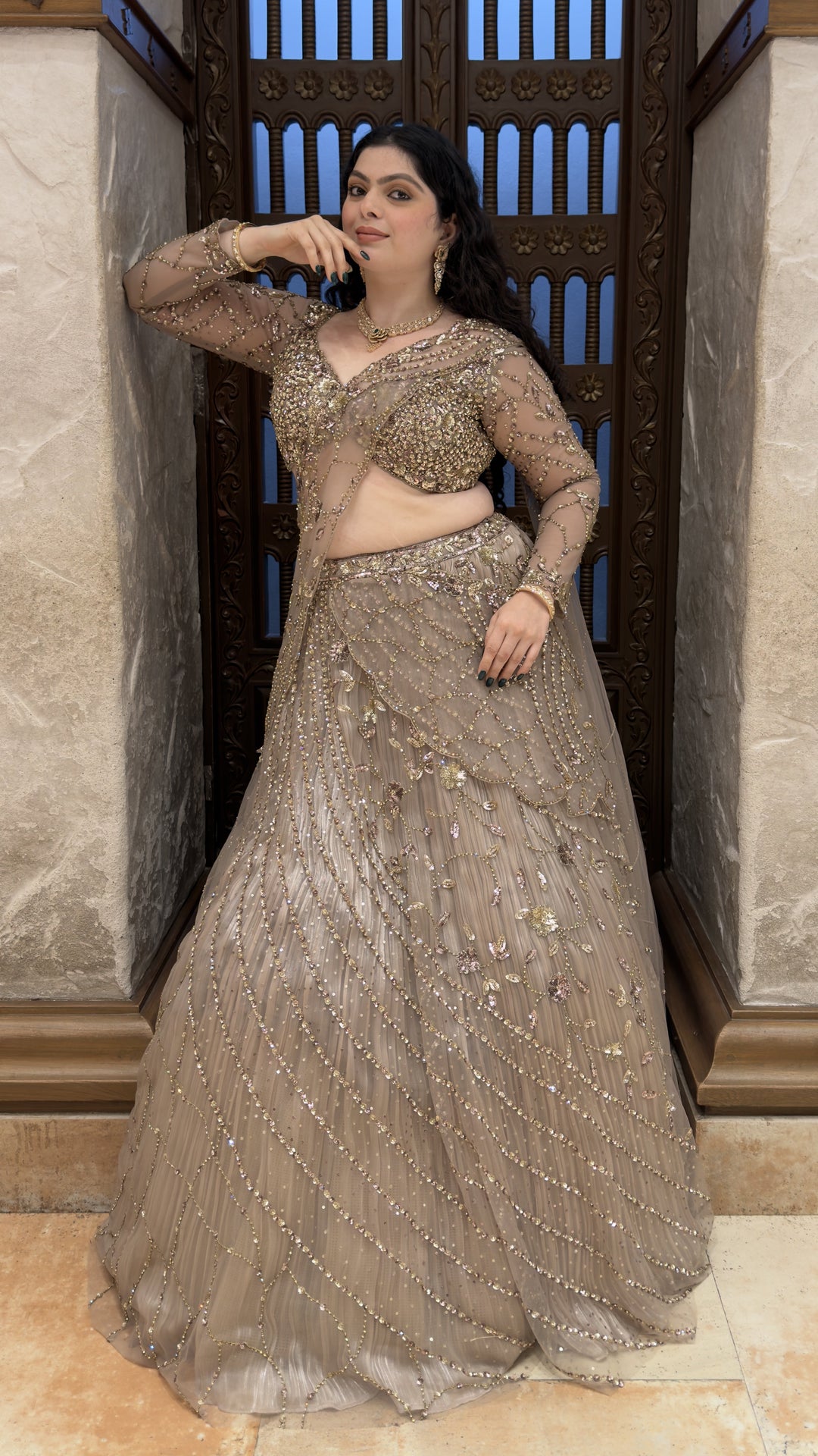 Taupe Grey Designer Embroidered Lehenga Set with Cape Sleeves