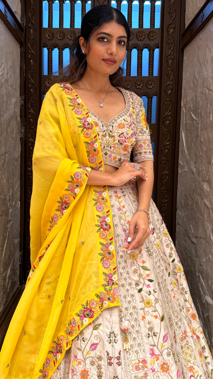 Ivory Floral Embroidered Lehenga Set with Yellow Dupatta