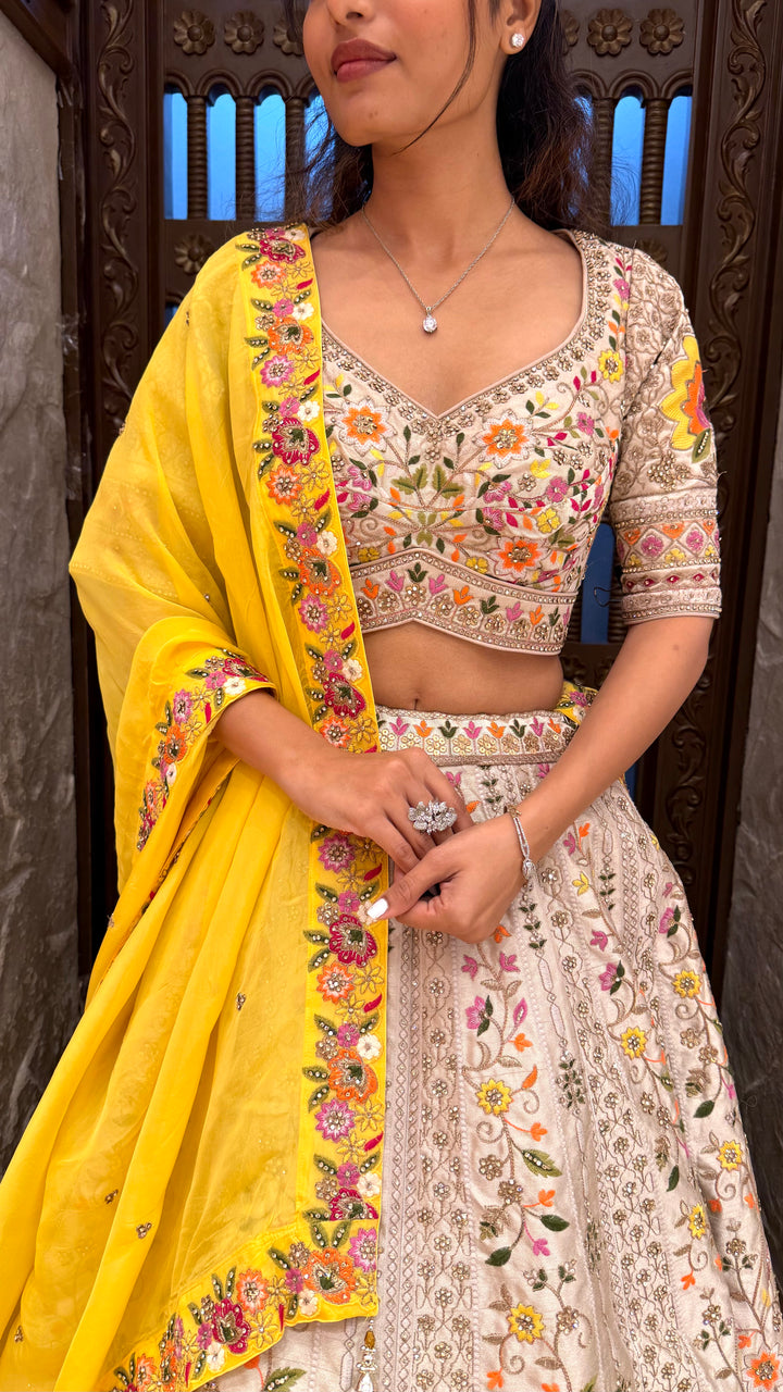 Ivory Floral Embroidered Lehenga Set with Yellow Dupatta
