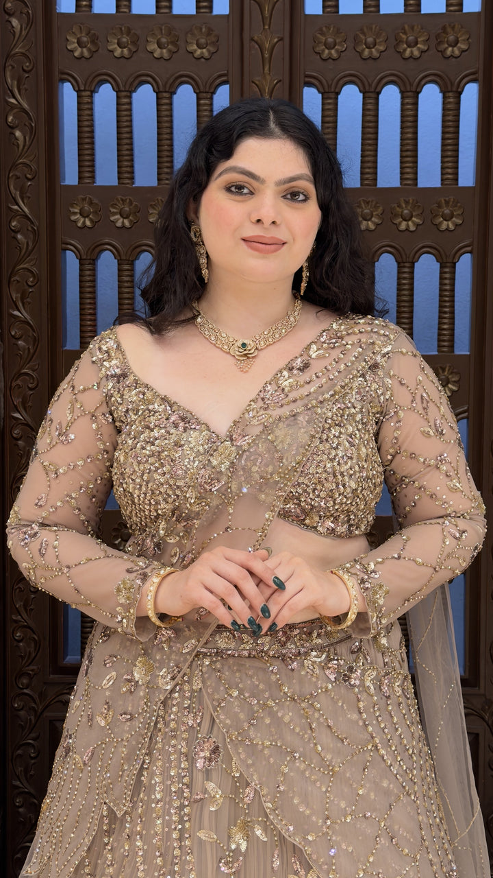 Taupe Grey Designer Embroidered Lehenga Set with Cape Sleeves