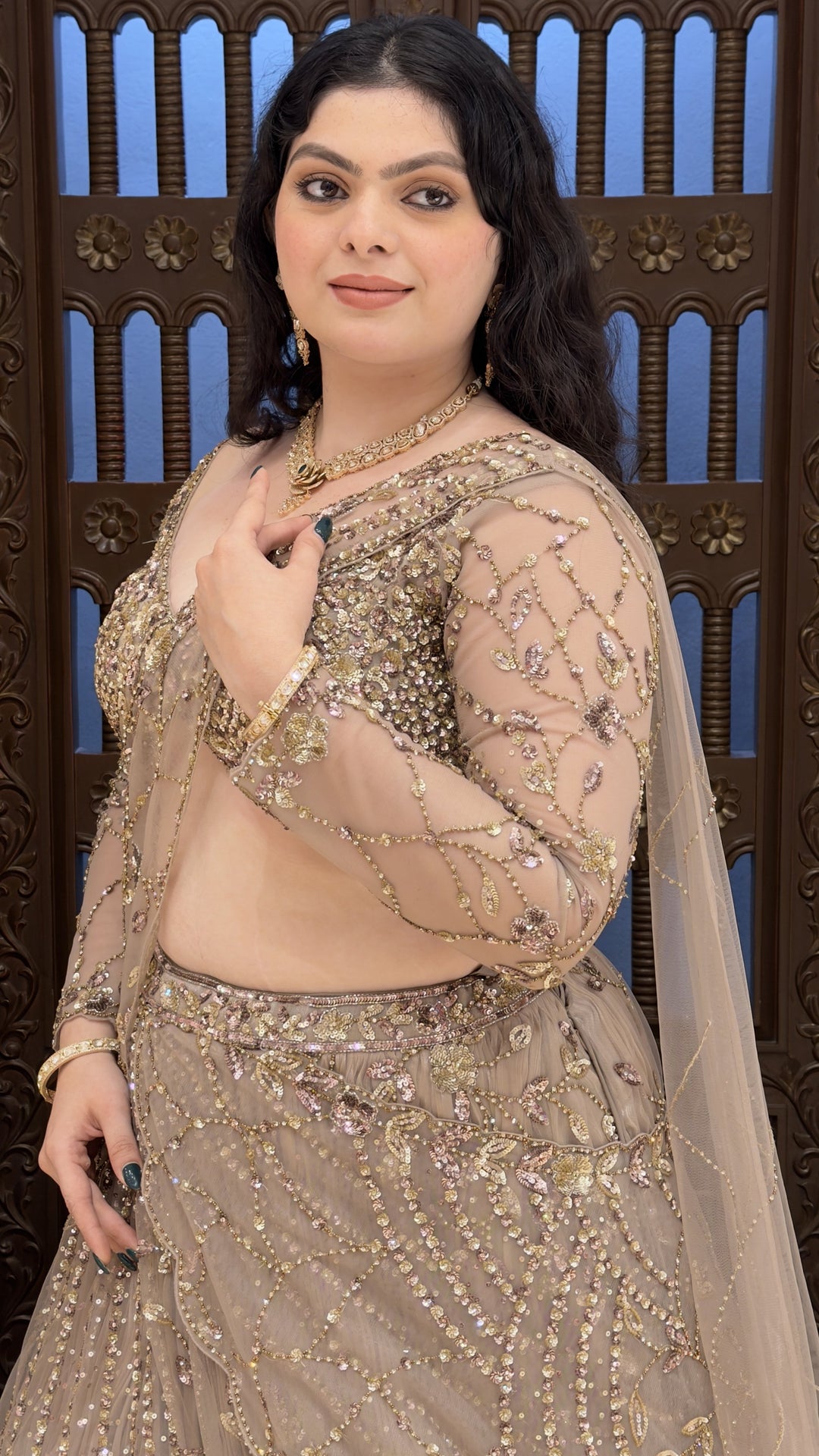 Taupe Grey Designer Embroidered Lehenga Set with Cape Sleeves
