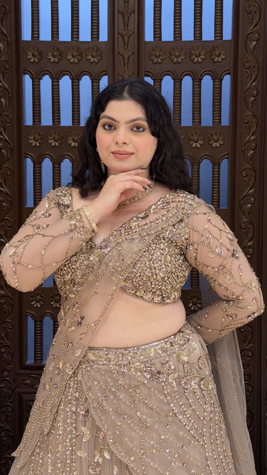 Taupe Grey Designer Embroidered Lehenga Set with Cape Sleeves
