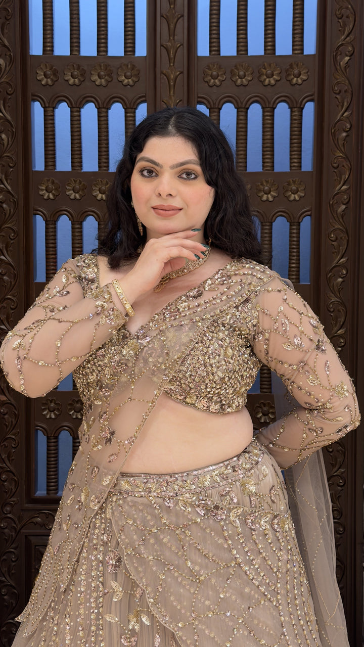 Taupe Grey Designer Embroidered Lehenga Set with Cape Sleeves