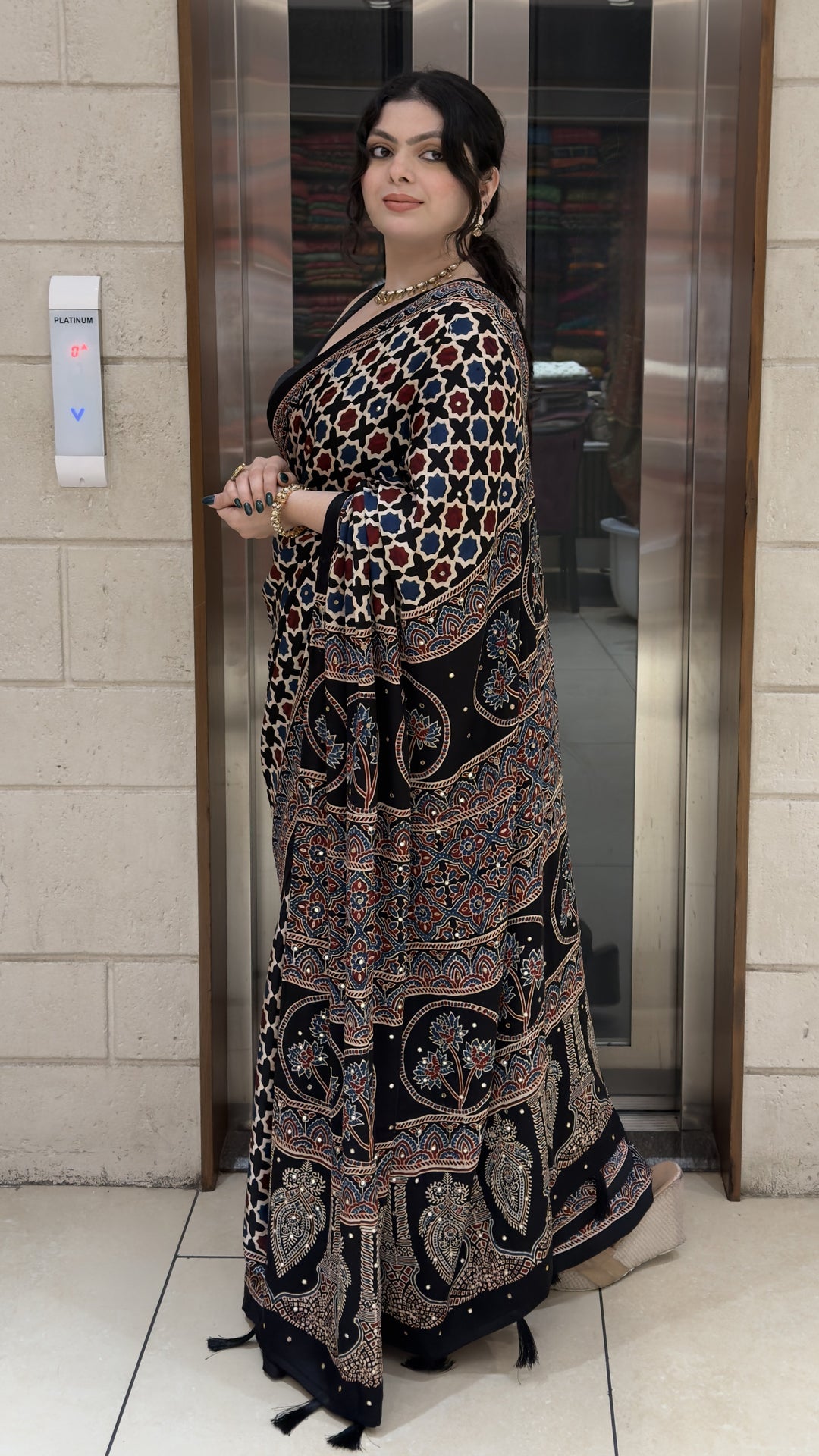 Black Ajrakh Printed Saree with Traditional Handcrafted Border