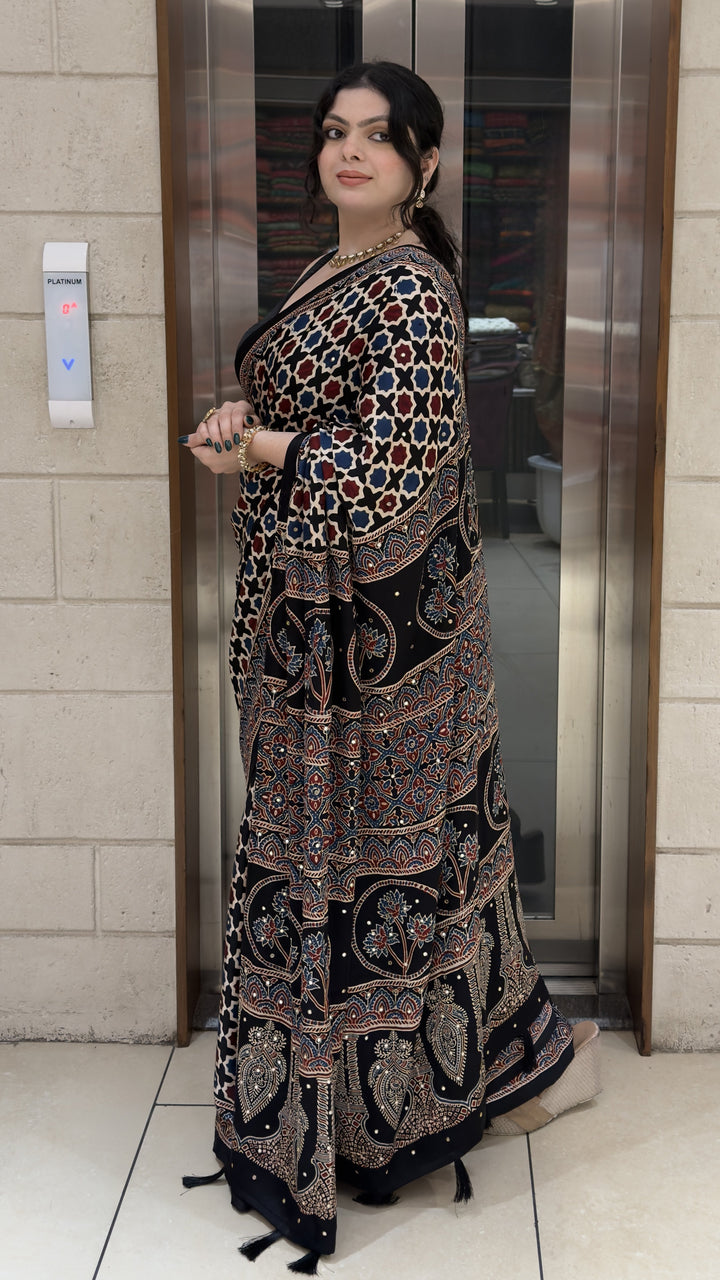 Black Ajrakh Printed Saree with Traditional Handcrafted Border