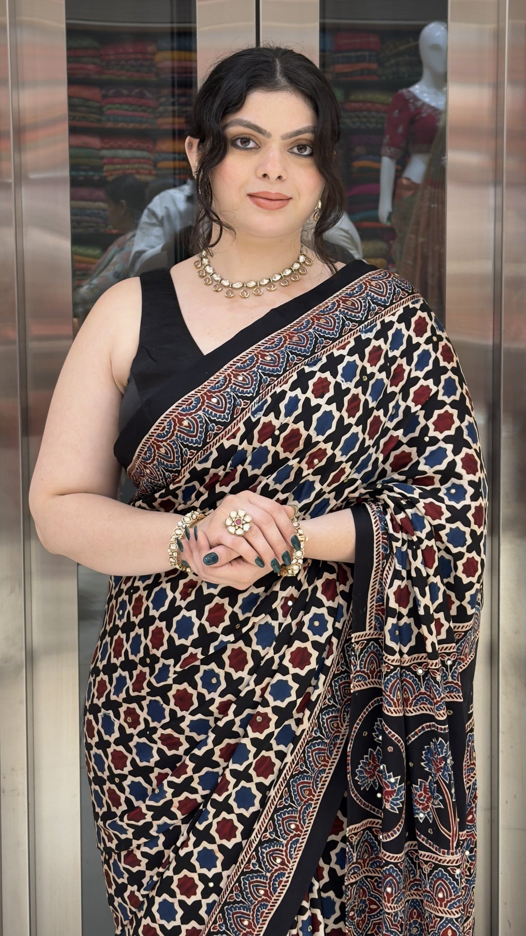Black Ajrakh Printed Saree with Traditional Handcrafted Border