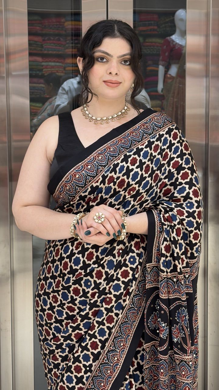 Black Ajrakh Printed Saree with Traditional Handcrafted Border