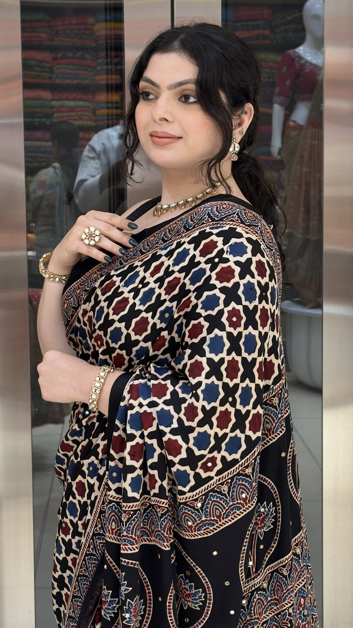 Black Ajrakh Printed Saree with Traditional Handcrafted Border
