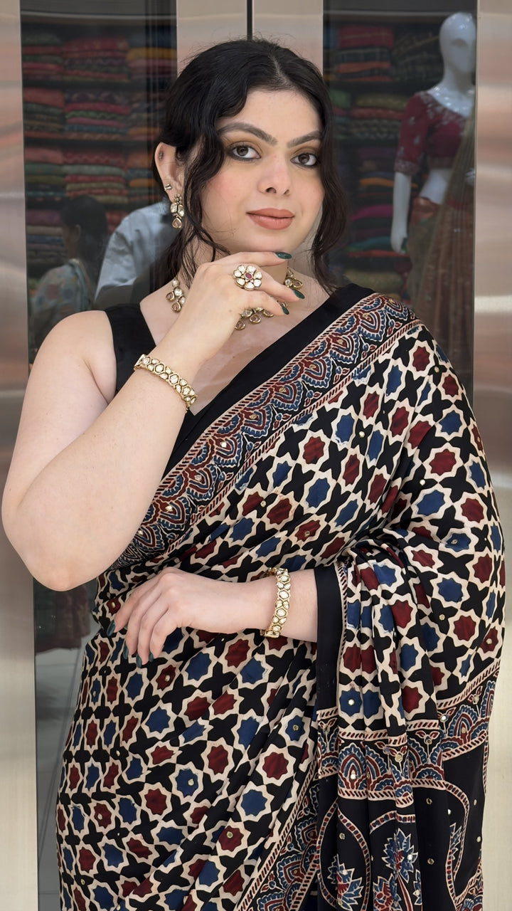 Black Ajrakh Printed Saree with Traditional Handcrafted Border