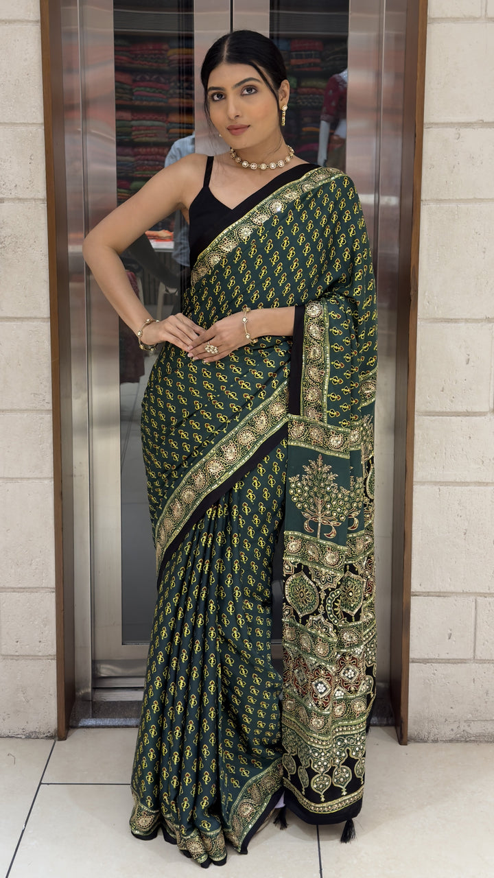 Dark Green Ajrakh Printed Saree with Heritage Handcrafted Pallu