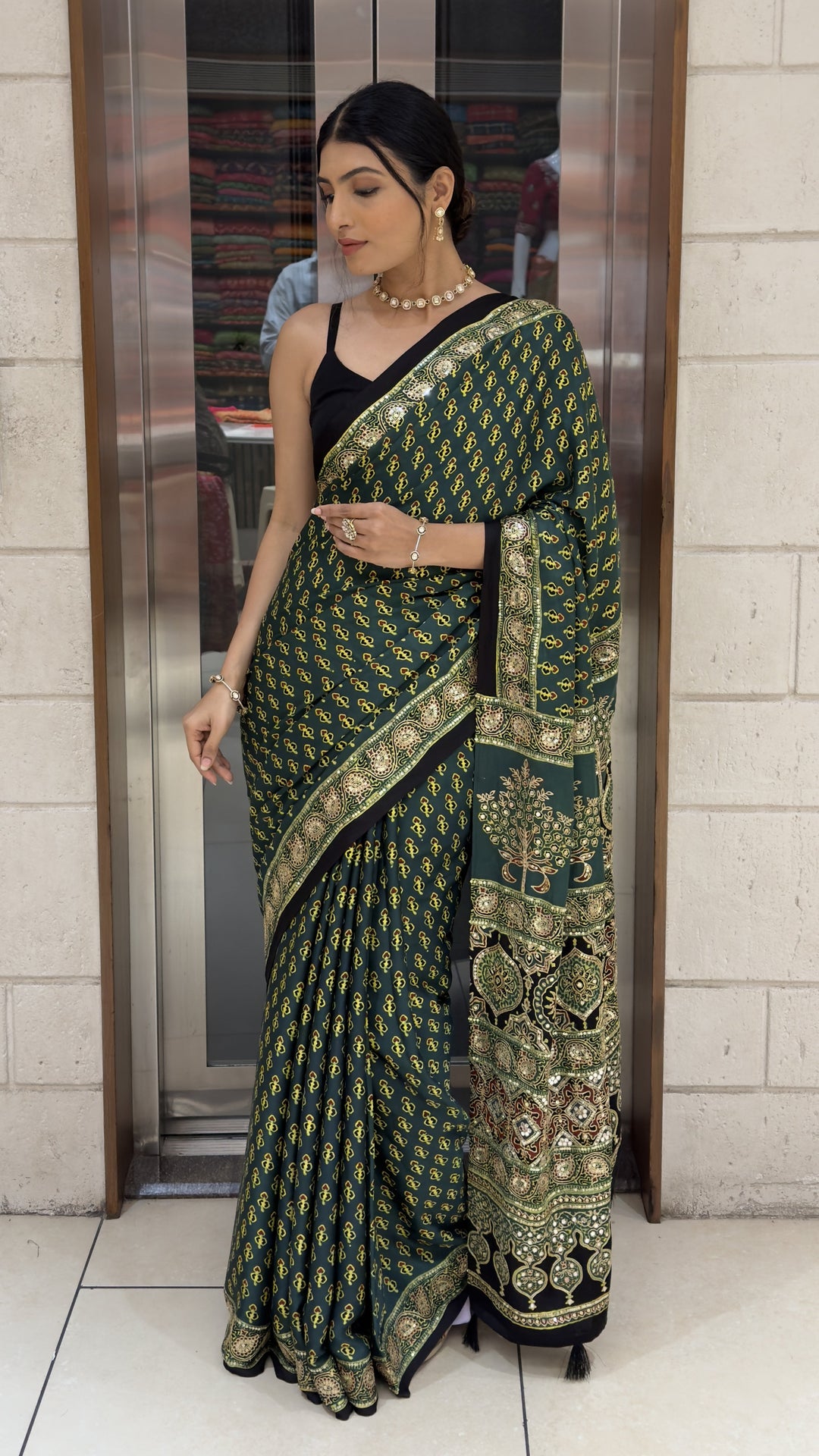 Dark Green Ajrakh Printed Saree with Heritage Handcrafted Pallu