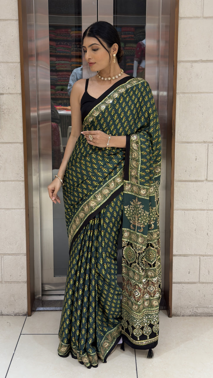Dark Green Ajrakh Printed Saree with Heritage Handcrafted Pallu