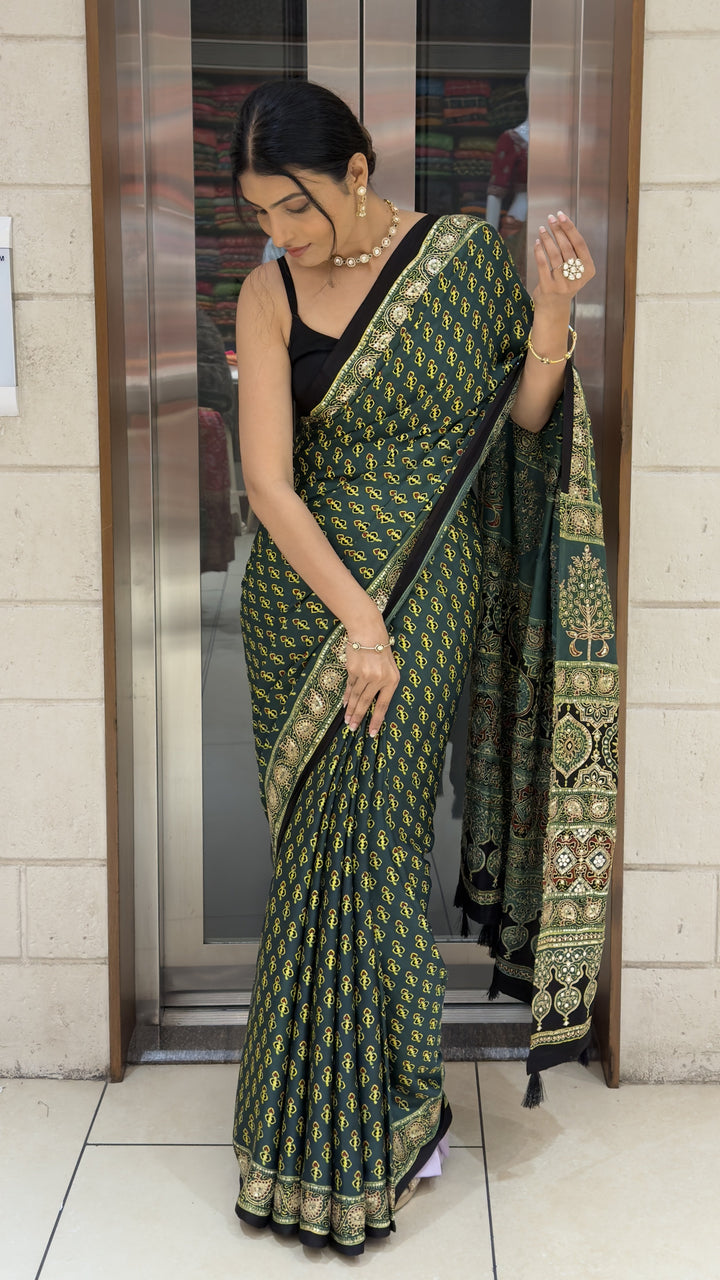 Dark Green Ajrakh Printed Saree with Heritage Handcrafted Pallu