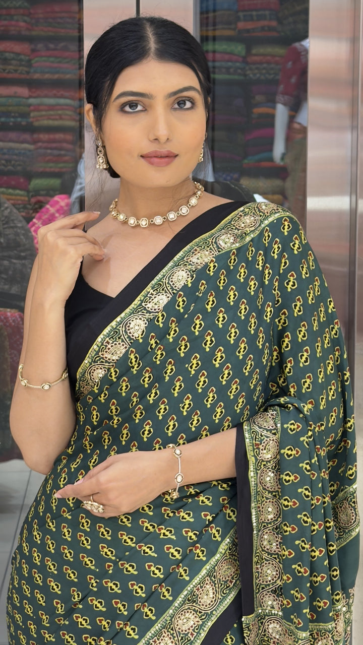Dark Green Ajrakh Printed Saree with Heritage Handcrafted Pallu