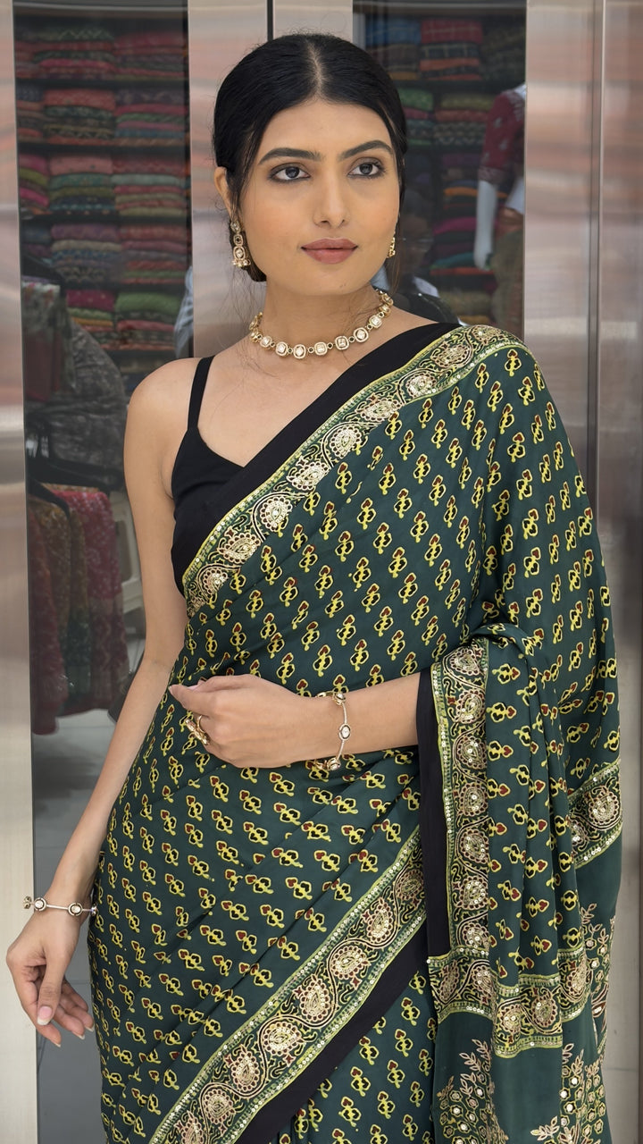Dark Green Ajrakh Printed Saree with Heritage Handcrafted Pallu
