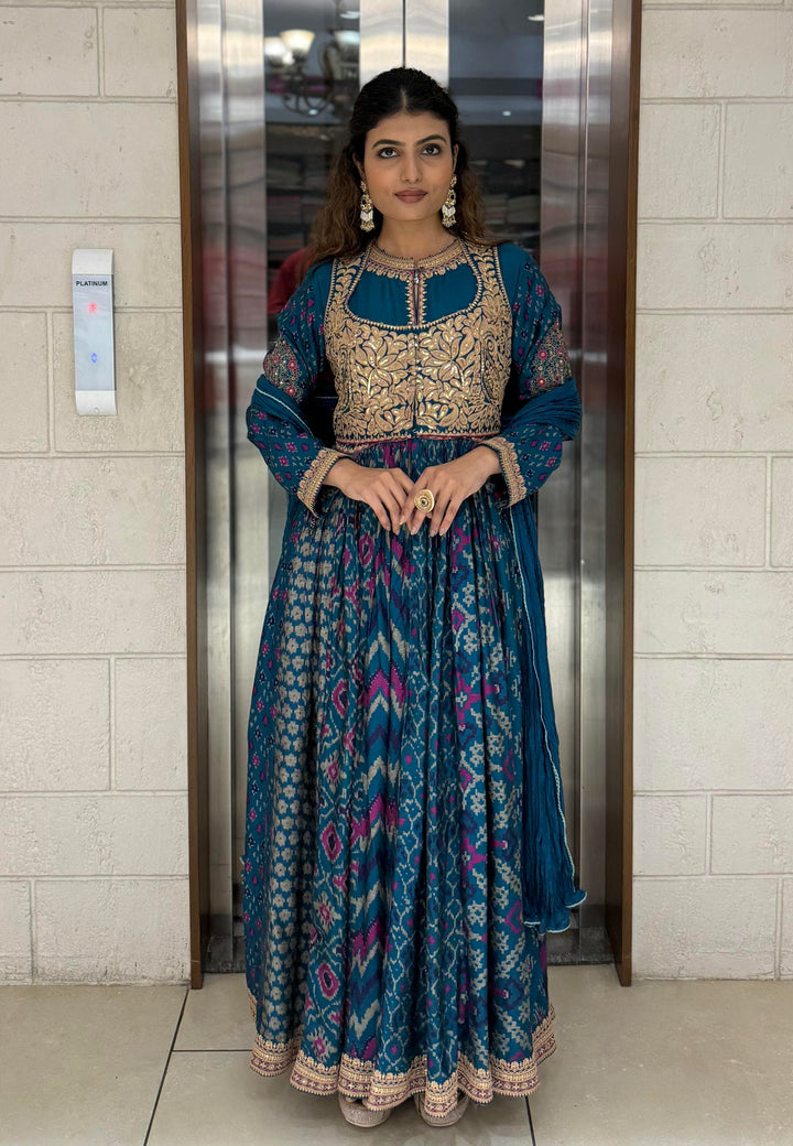 Handcrafted Ikat Silk Anarkali Set with Zari Embroidered Yoke – Available in