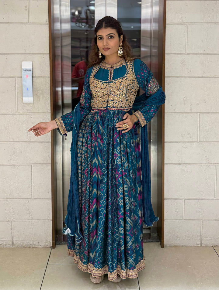 Handcrafted Ikat Silk Anarkali Set with Zari Embroidered Yoke – Available in