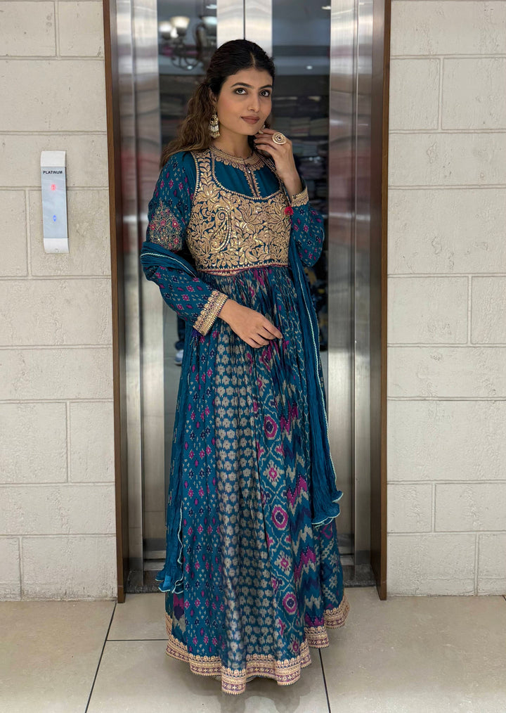 Handcrafted Ikat Silk Anarkali Set with Zari Embroidered Yoke – Available in