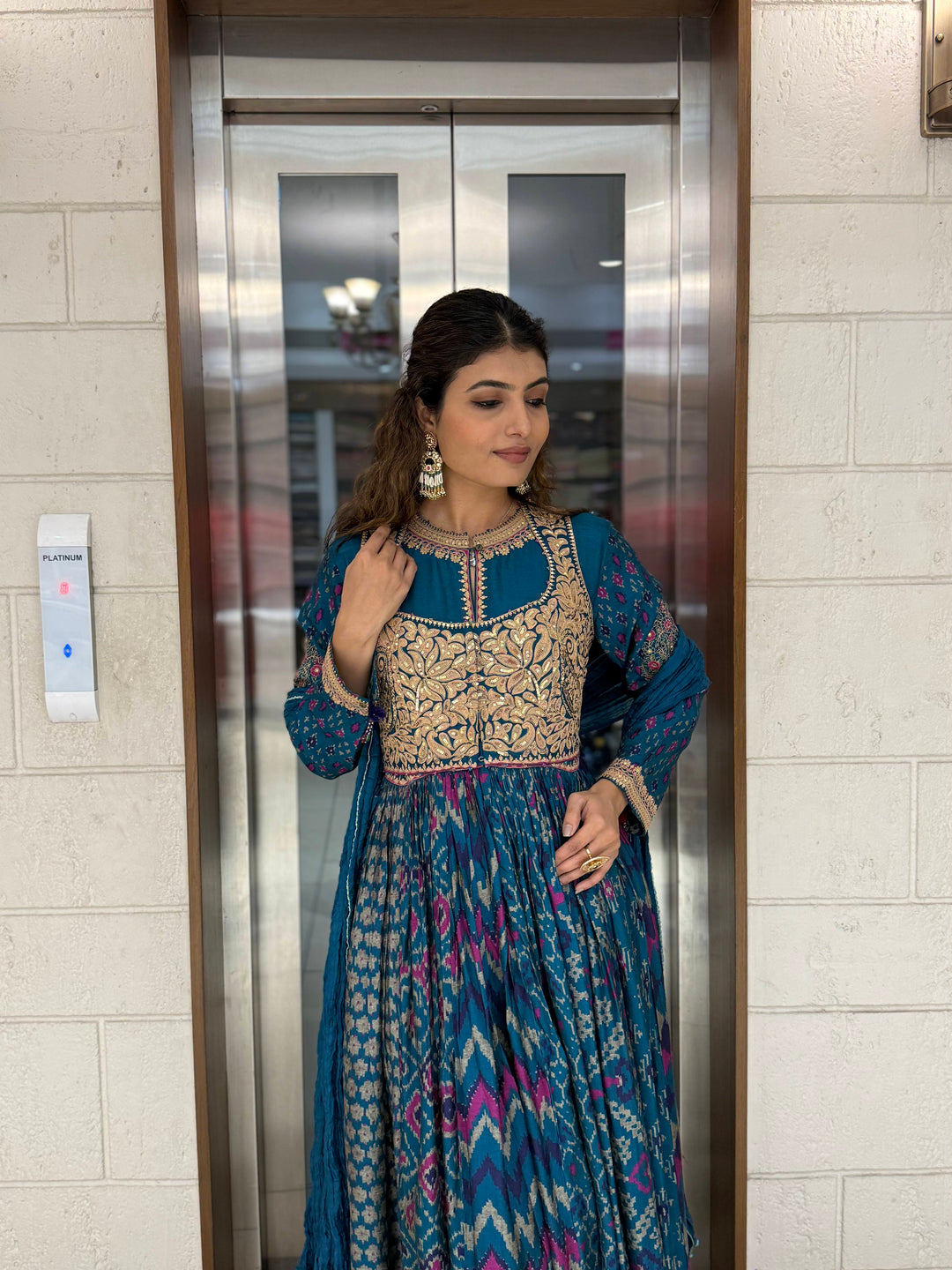 Handcrafted Ikat Silk Anarkali Set with Zari Embroidered Yoke – Available in