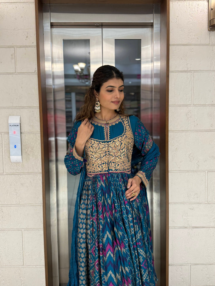 Handcrafted Ikat Silk Anarkali Set with Zari Embroidered Yoke – Available in