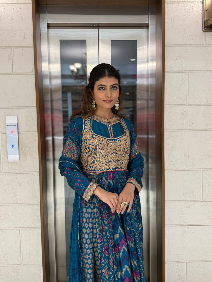 Handcrafted Ikat Silk Anarkali Set with Zari Embroidered Yoke – Available in