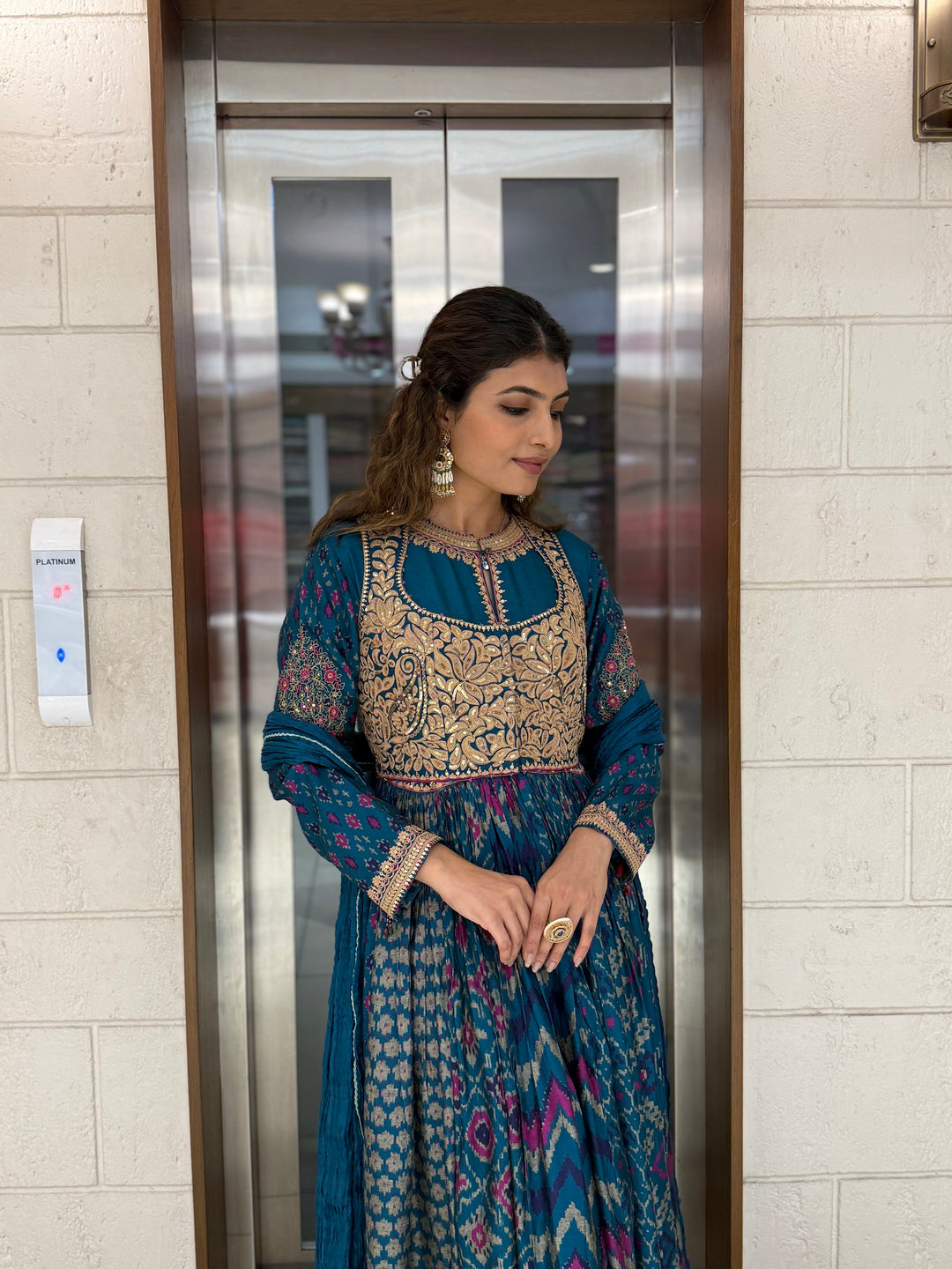 Handcrafted Ikat Silk Anarkali Set with Zari Embroidered Yoke – Available in