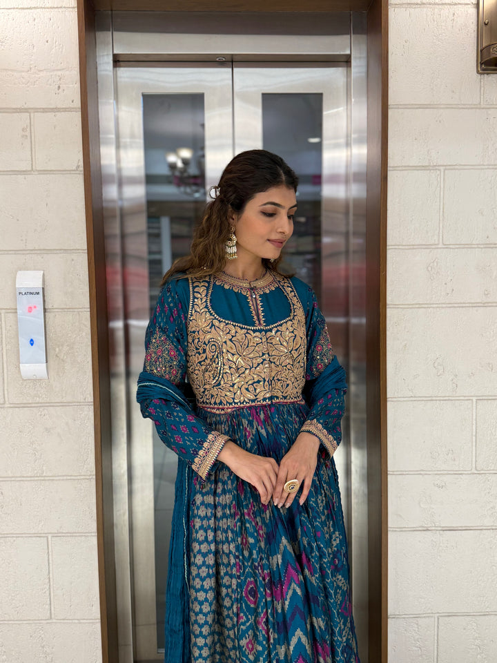 Handcrafted Ikat Silk Anarkali Set with Zari Embroidered Yoke – Available in