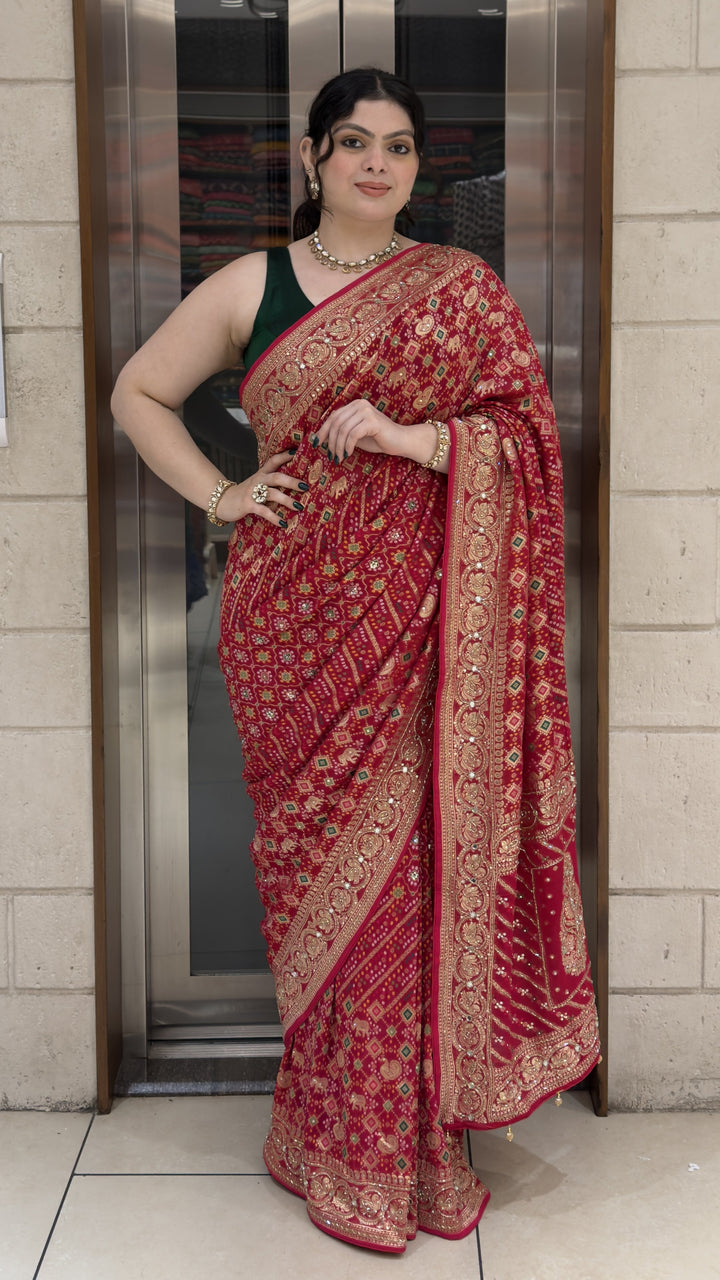 Rani Pink Bandhani Silk Saree with Antique Gold Zari Border & Rich Designer Pallu