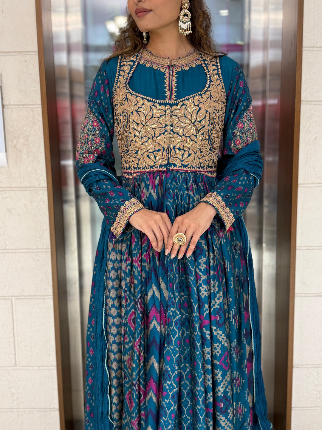 Handcrafted Ikat Silk Anarkali Set with Zari Embroidered Yoke – Available in